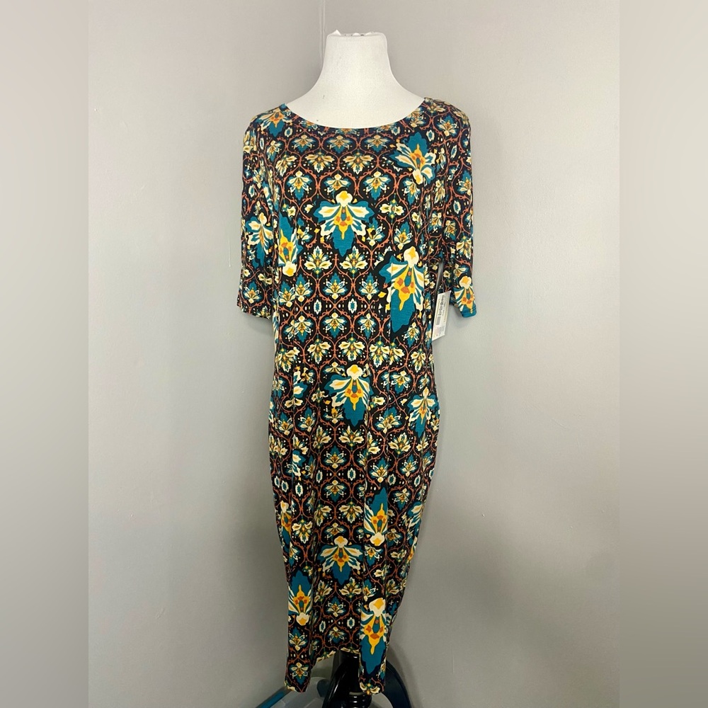 LuLaRoe Julia Dress Brown with Multicolored Abstract Pattern Midi Form Fitting
